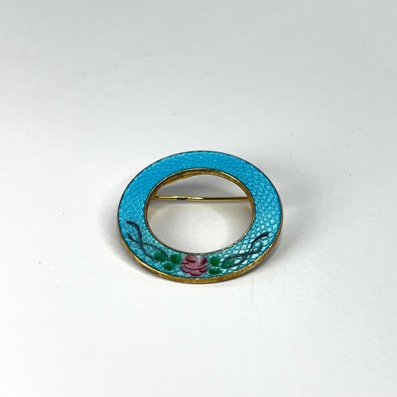Jewelry - Vintage Guilloché Blue Pink Rose Circle Pin Midcentury Grandma Love Gratitude